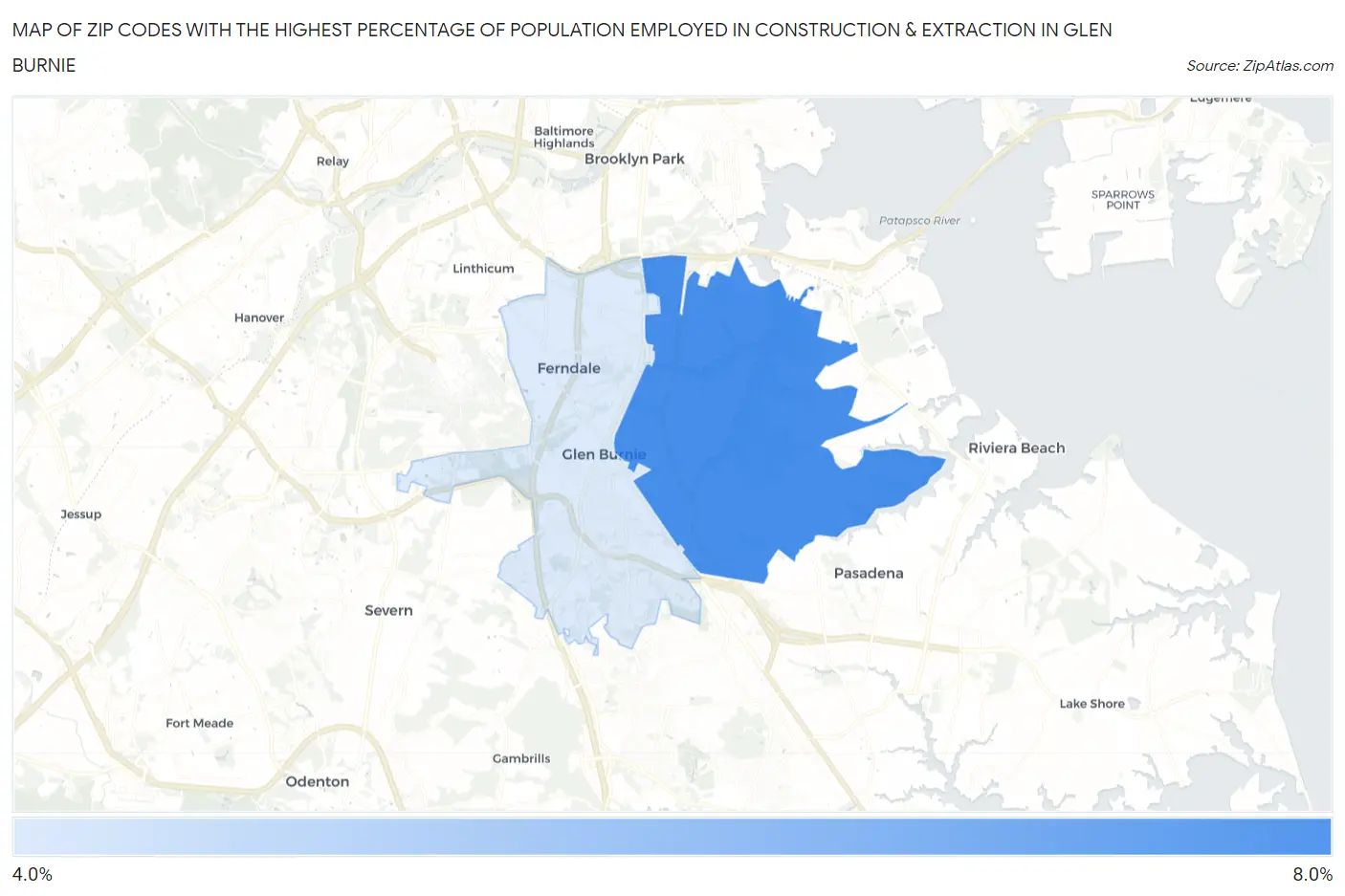 Zip Codes with the Highest Percentage of Population Employed in Construction & Extraction in Glen Burnie Map