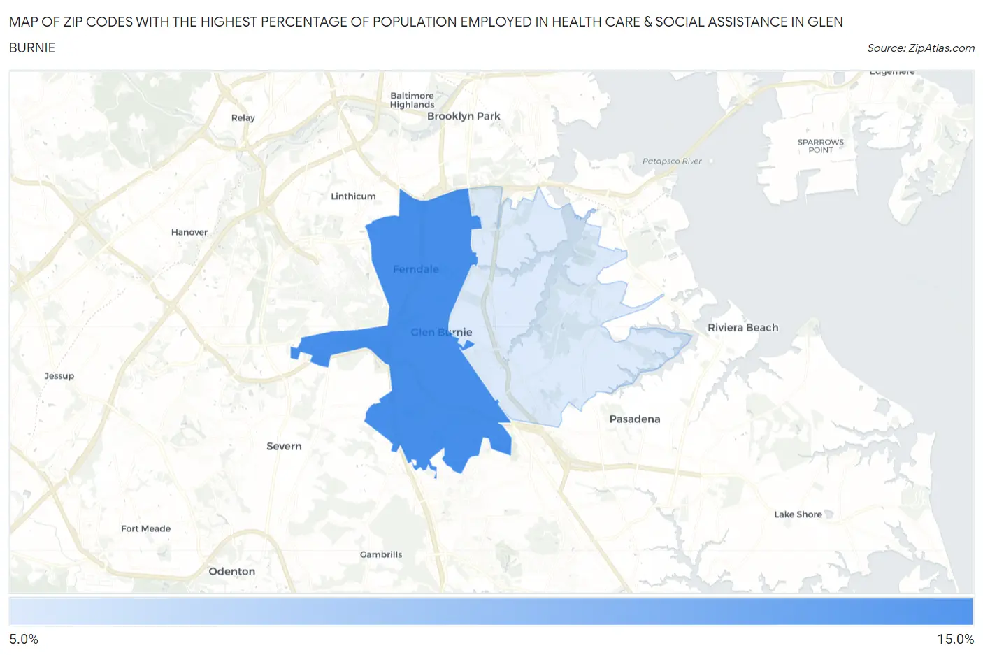 Zip Codes with the Highest Percentage of Population Employed in Health Care & Social Assistance in Glen Burnie Map