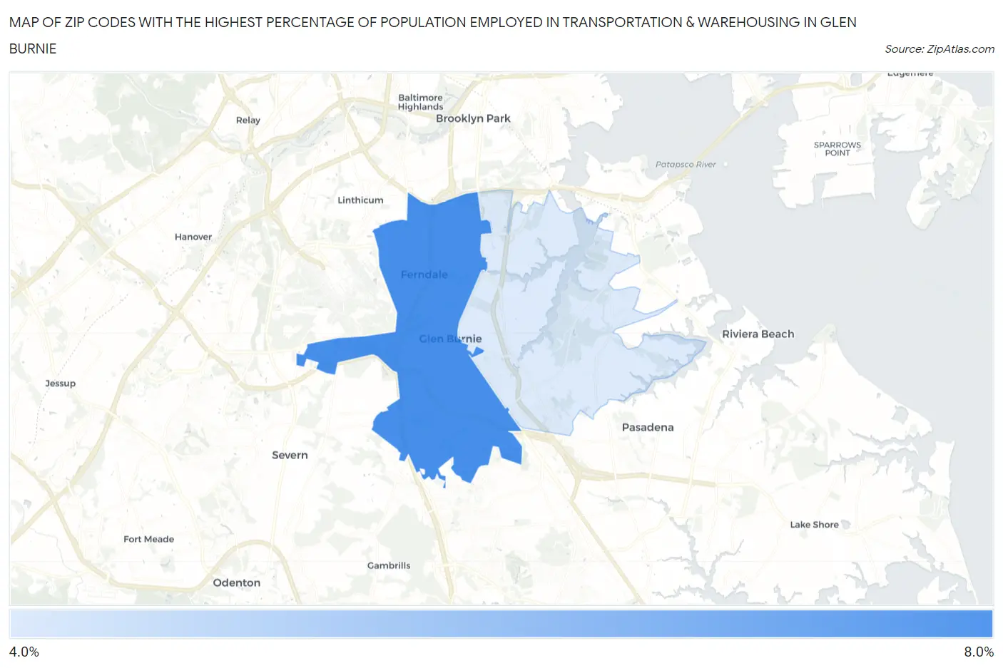 Zip Codes with the Highest Percentage of Population Employed in Transportation & Warehousing in Glen Burnie Map