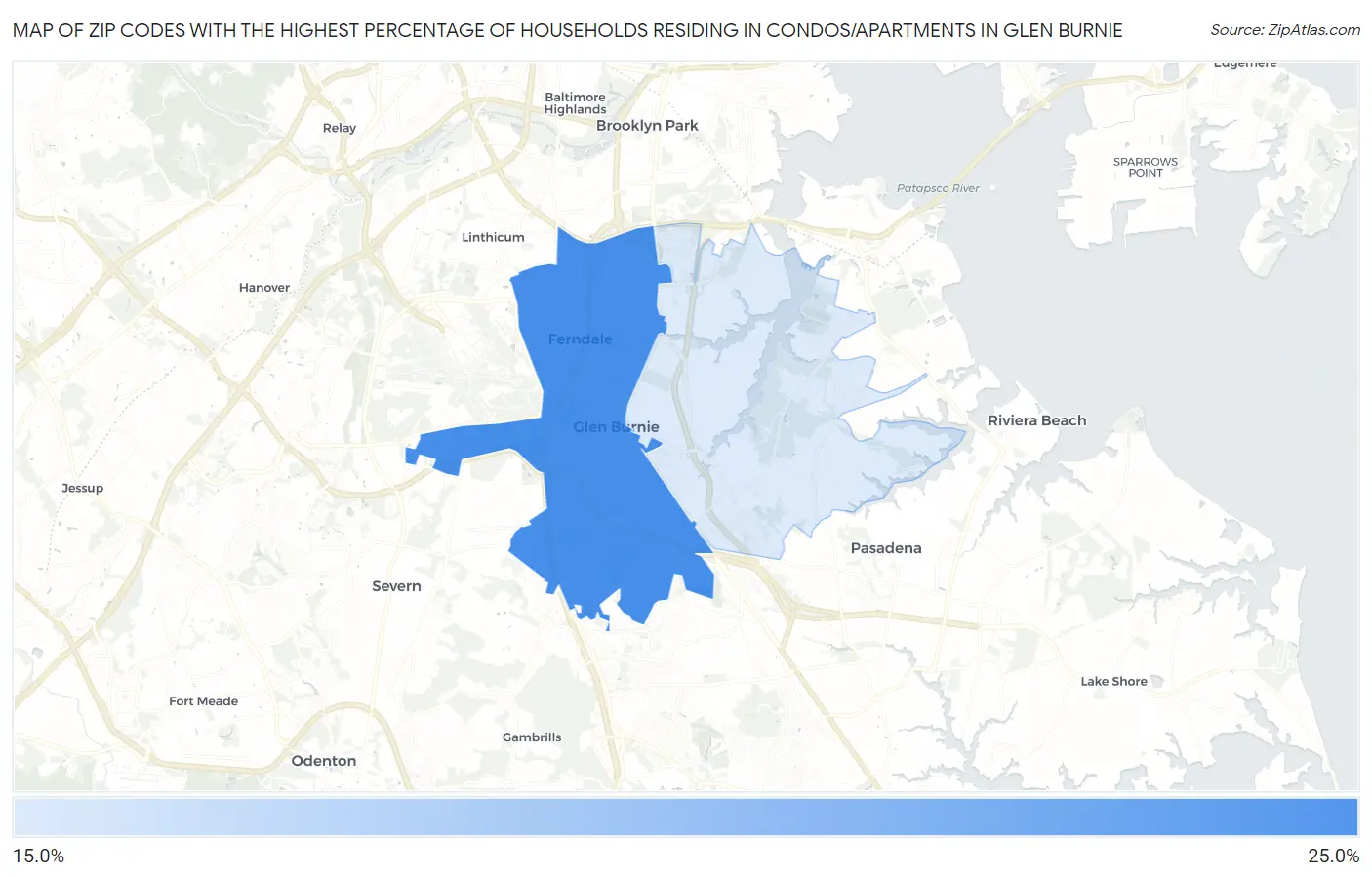 Zip Codes with the Highest Percentage of Households Residing in Condos/Apartments in Glen Burnie Map