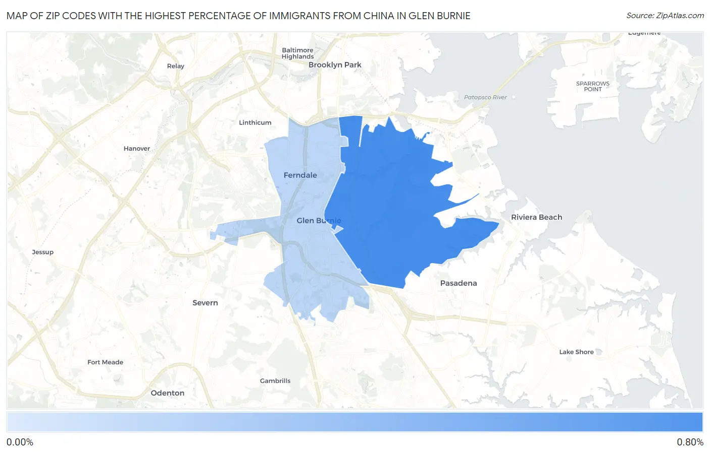 Zip Codes with the Highest Percentage of Immigrants from China in Glen Burnie Map