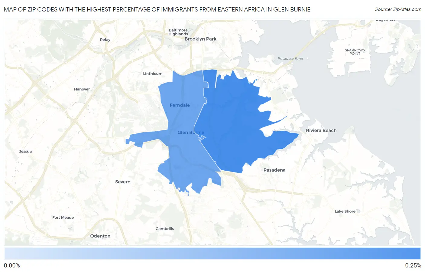 Zip Codes with the Highest Percentage of Immigrants from Eastern Africa in Glen Burnie Map