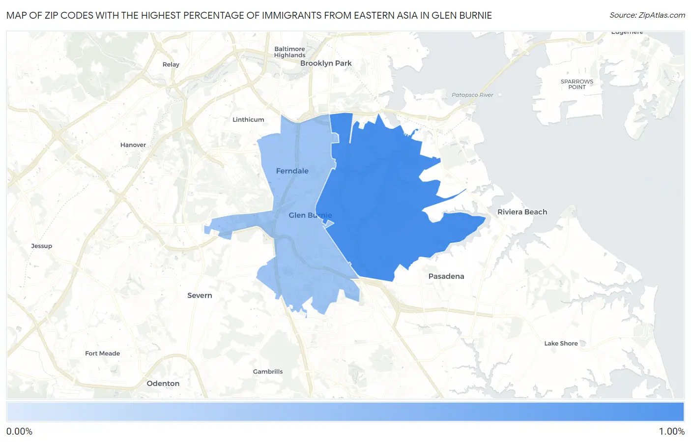 Zip Codes with the Highest Percentage of Immigrants from Eastern Asia in Glen Burnie Map