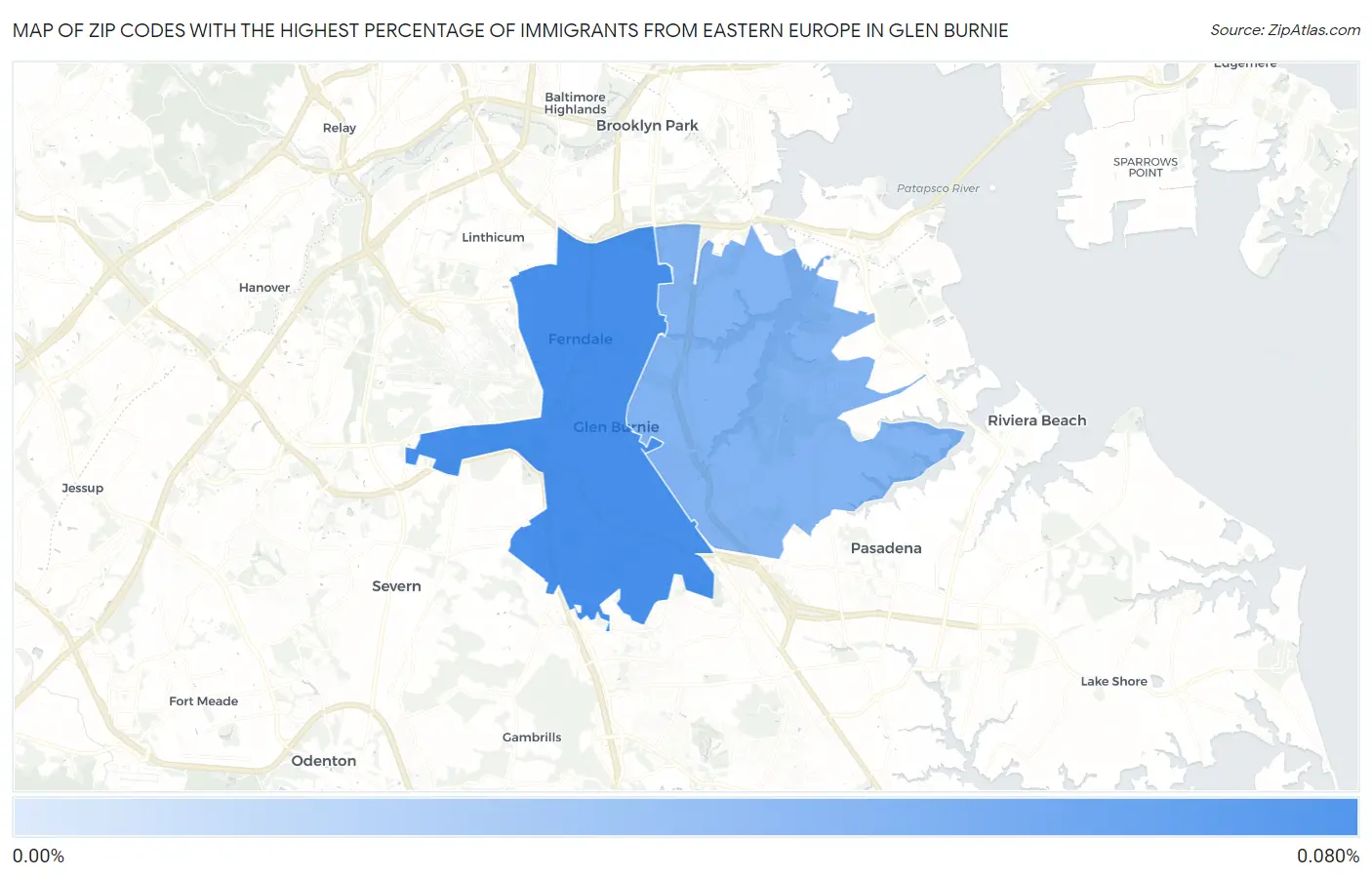 Zip Codes with the Highest Percentage of Immigrants from Eastern Europe in Glen Burnie Map
