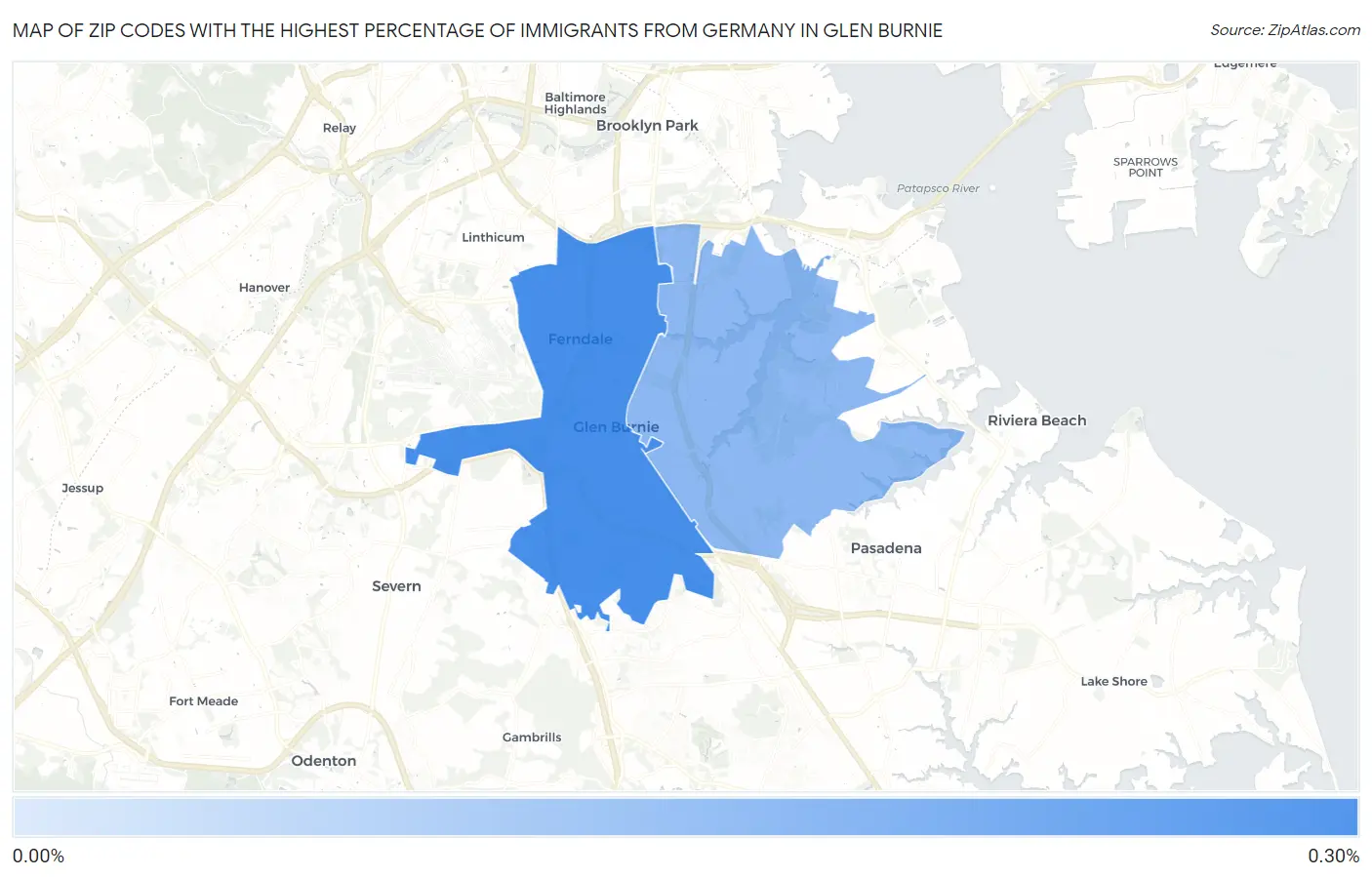 Zip Codes with the Highest Percentage of Immigrants from Germany in Glen Burnie Map