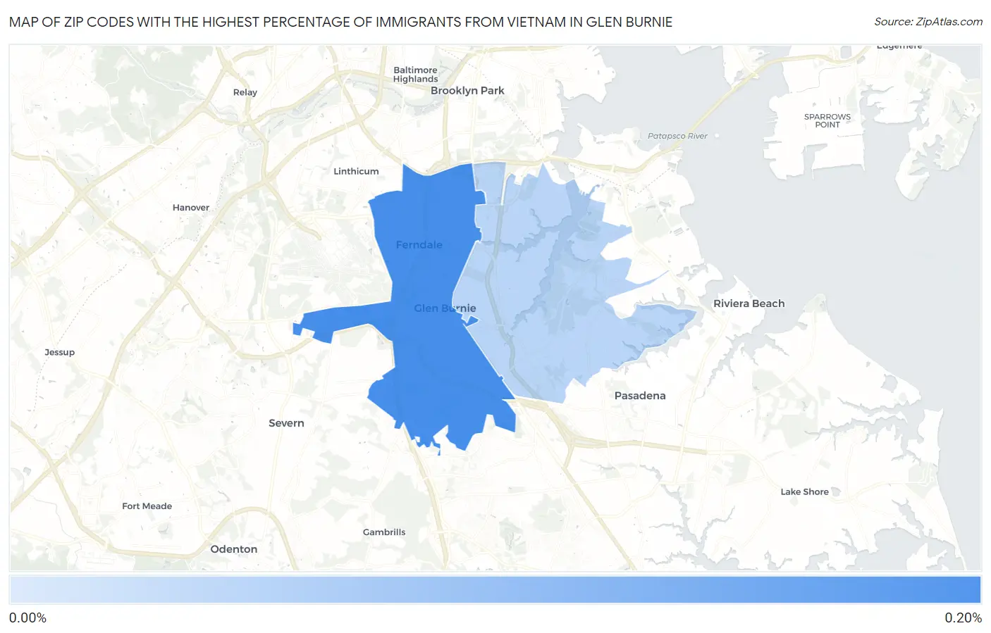 Zip Codes with the Highest Percentage of Immigrants from Vietnam in Glen Burnie Map