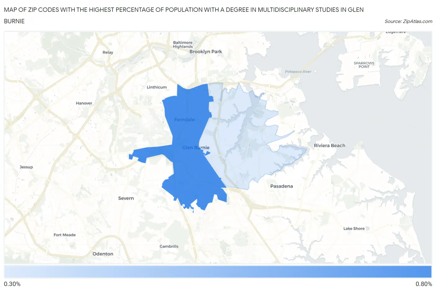 Zip Codes with the Highest Percentage of Population with a Degree in Multidisciplinary Studies in Glen Burnie Map
