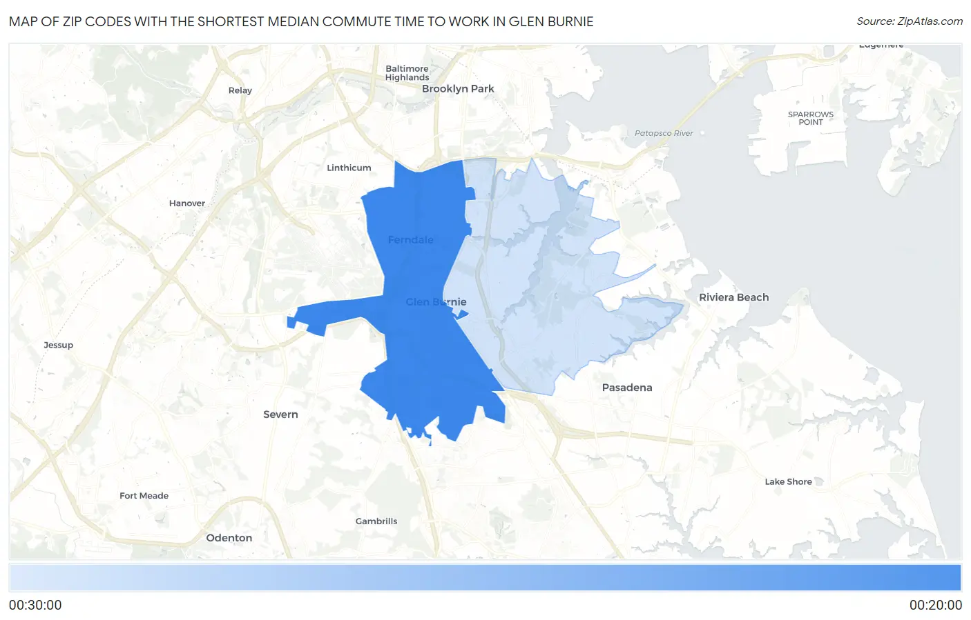 Zip Codes with the Shortest Median Commute Time to Work in Glen Burnie Map