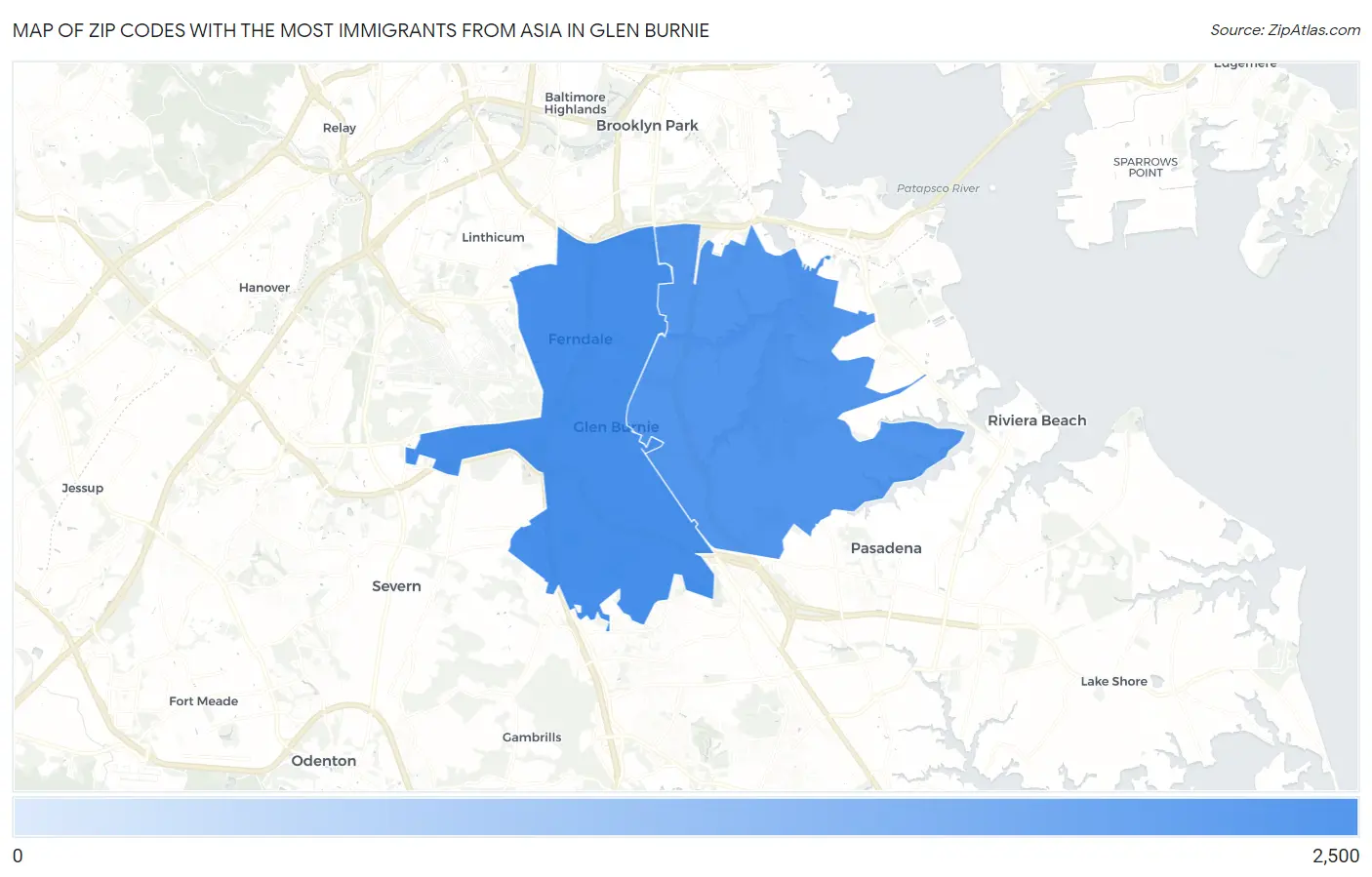 Zip Codes with the Most Immigrants from Asia in Glen Burnie Map