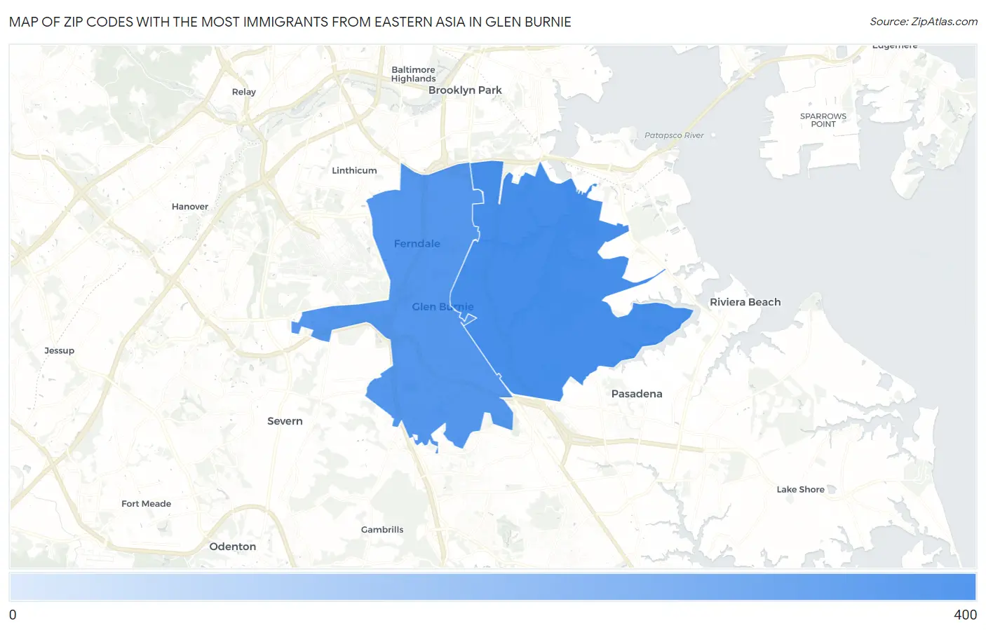 Zip Codes with the Most Immigrants from Eastern Asia in Glen Burnie Map