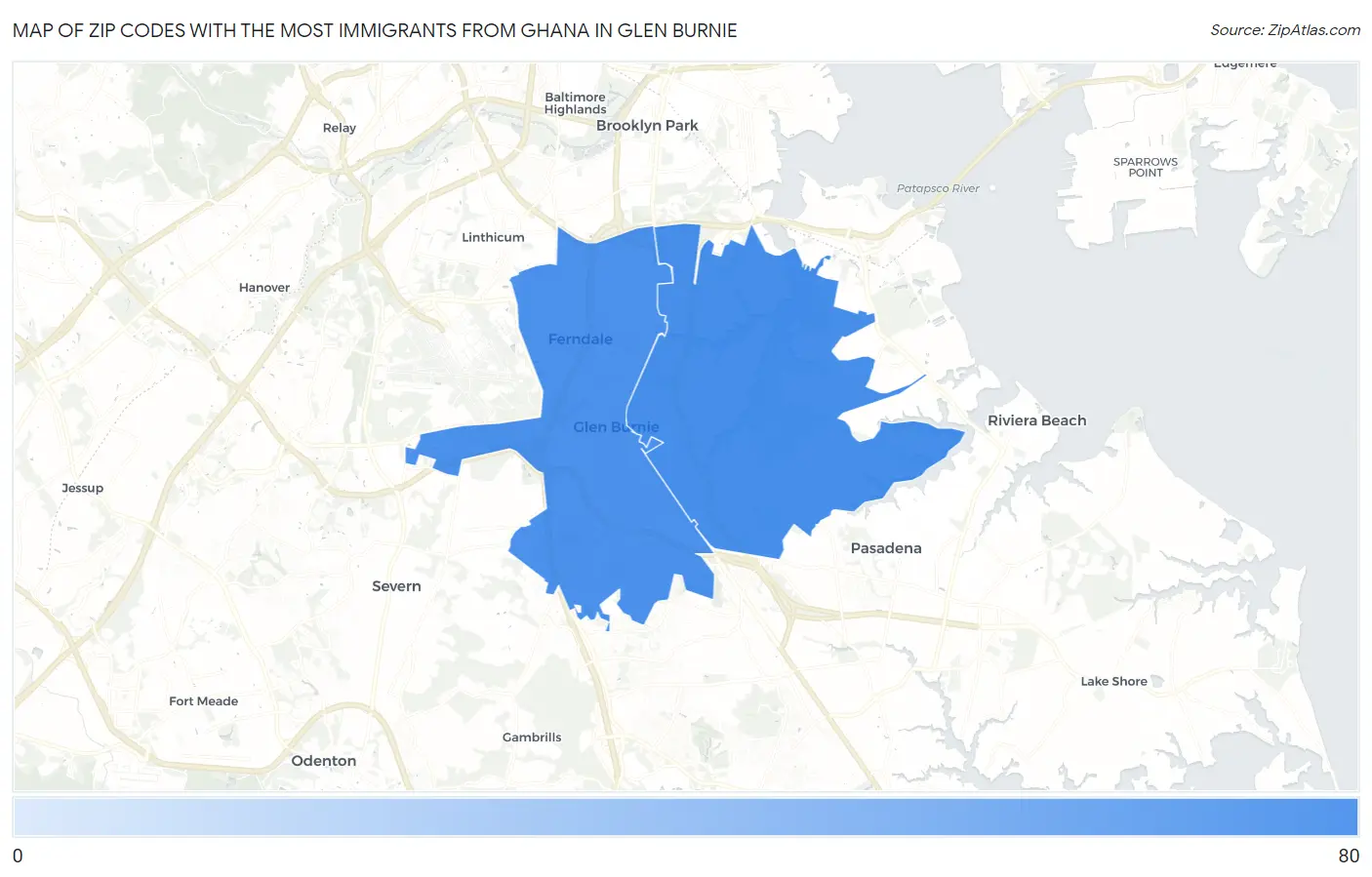Zip Codes with the Most Immigrants from Ghana in Glen Burnie Map