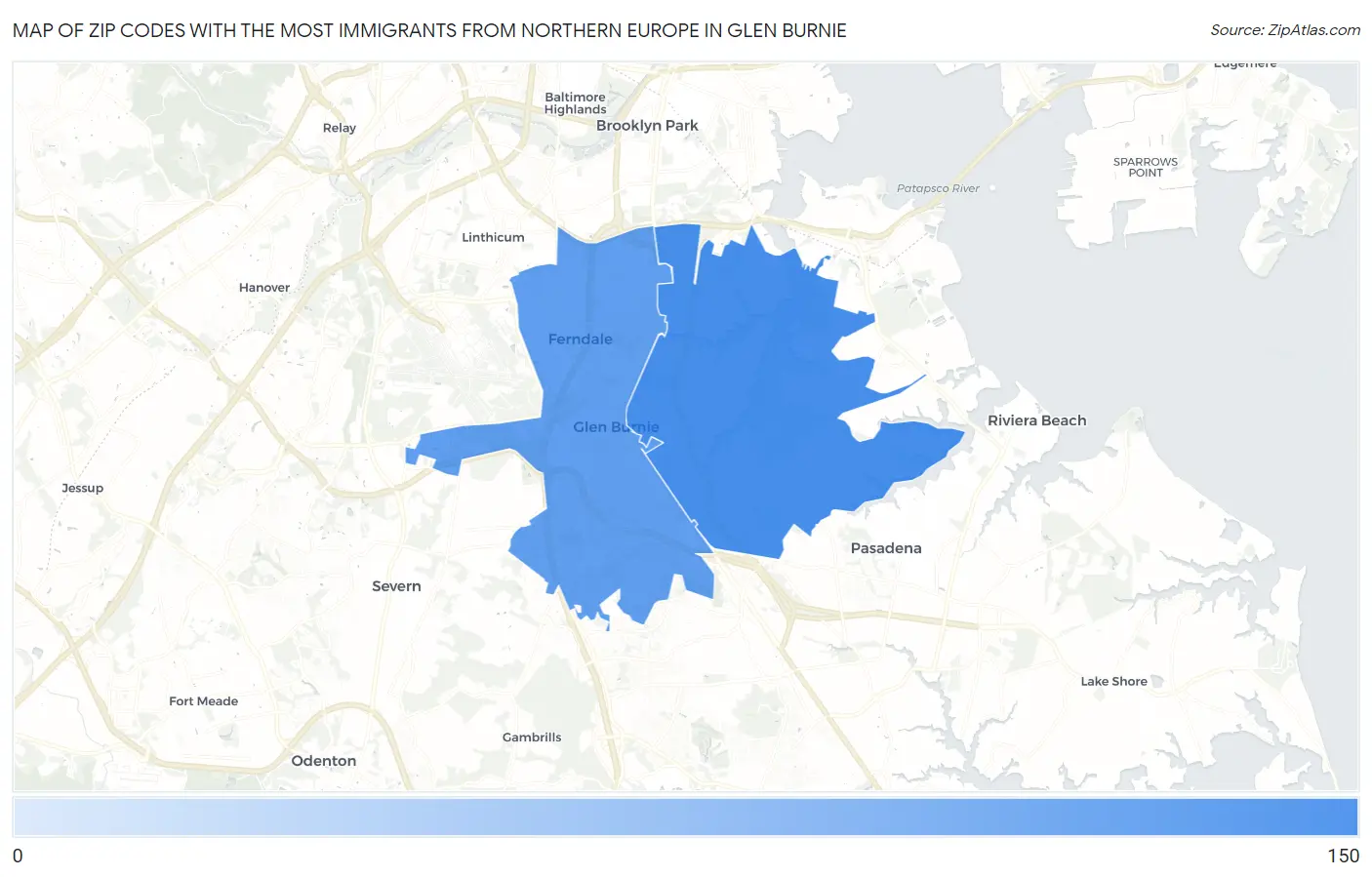 Zip Codes with the Most Immigrants from Northern Europe in Glen Burnie Map