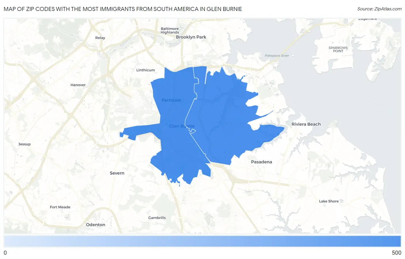 Zip Codes with the Most Immigrants from South America in Glen Burnie Map