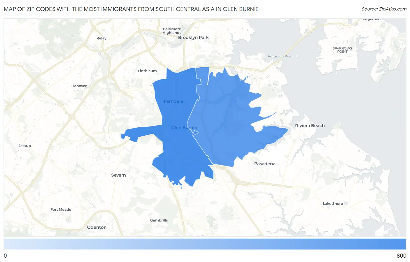 Zip Codes with the Most Immigrants from South Central Asia in Glen Burnie Map