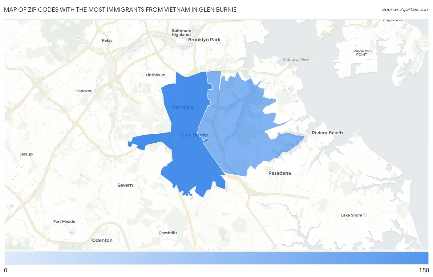 Zip Codes with the Most Immigrants from Vietnam in Glen Burnie Map