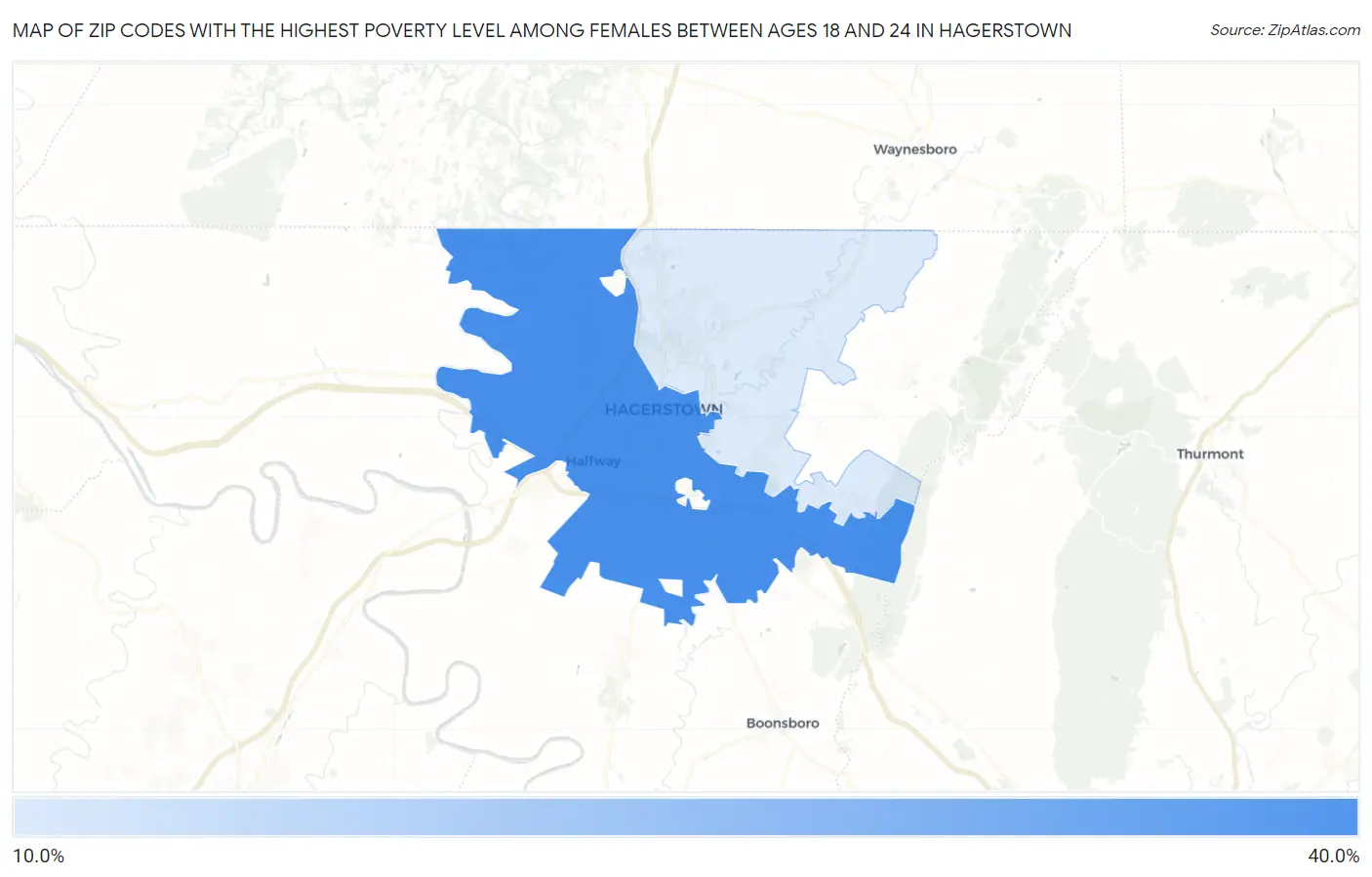 Zip Codes with the Highest Poverty Level Among Females Between Ages 18 and 24 in Hagerstown Map
