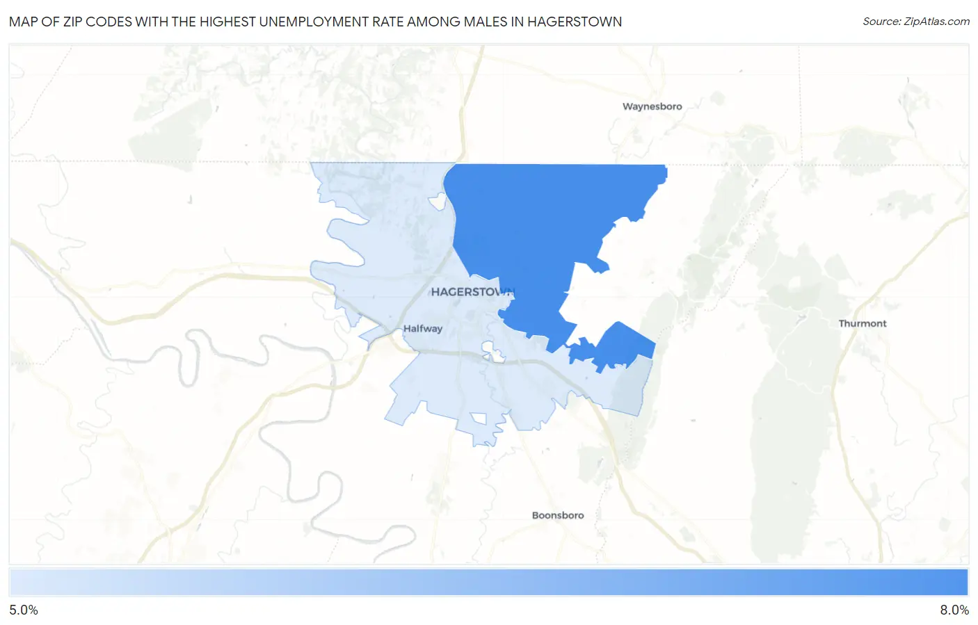 Zip Codes with the Highest Unemployment Rate Among Males in Hagerstown Map