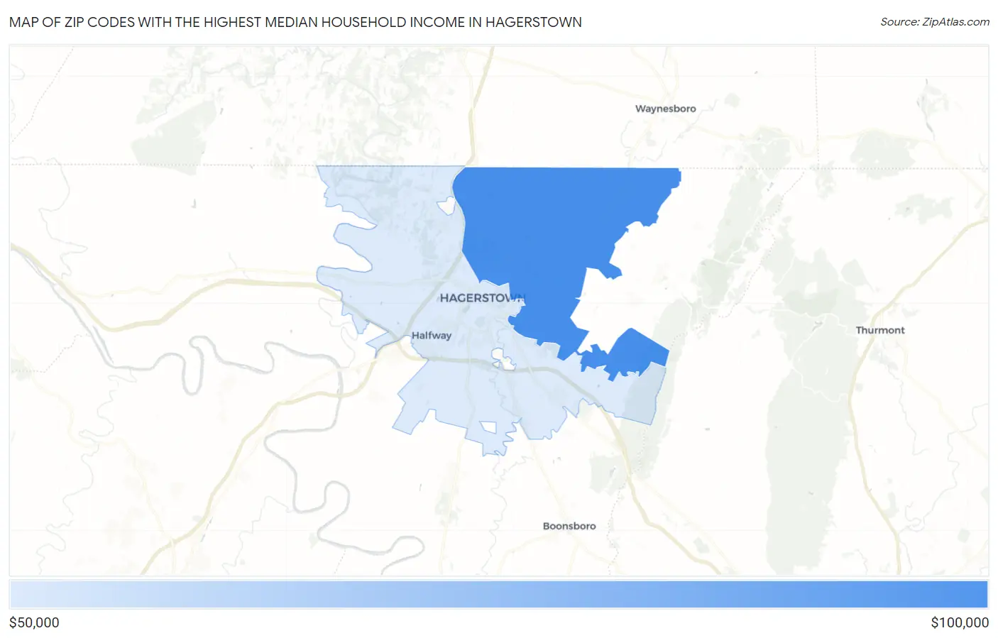 Zip Codes with the Highest Median Household Income in Hagerstown Map
