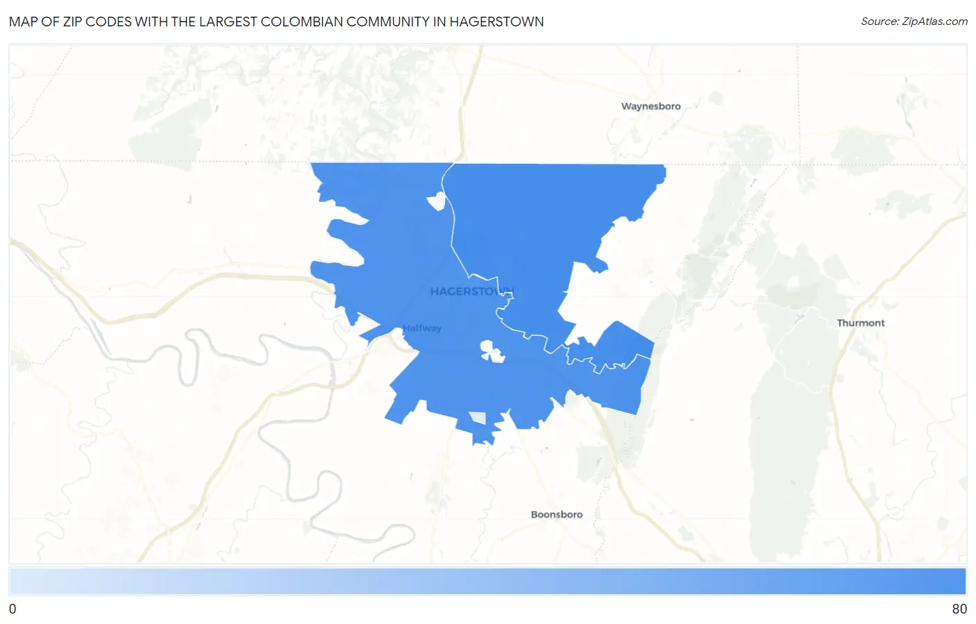 Zip Codes with the Largest Colombian Community in Hagerstown Map