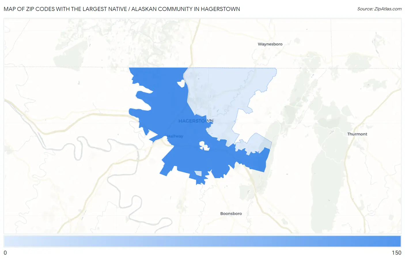 Zip Codes with the Largest Native / Alaskan Community in Hagerstown Map