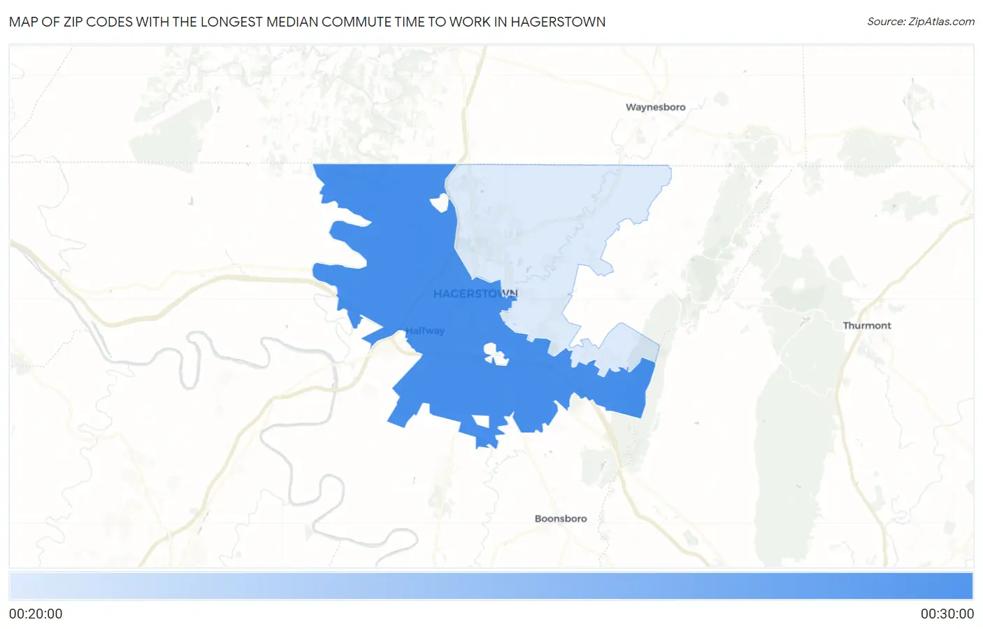 Zip Codes with the Longest Median Commute Time to Work in Hagerstown Map