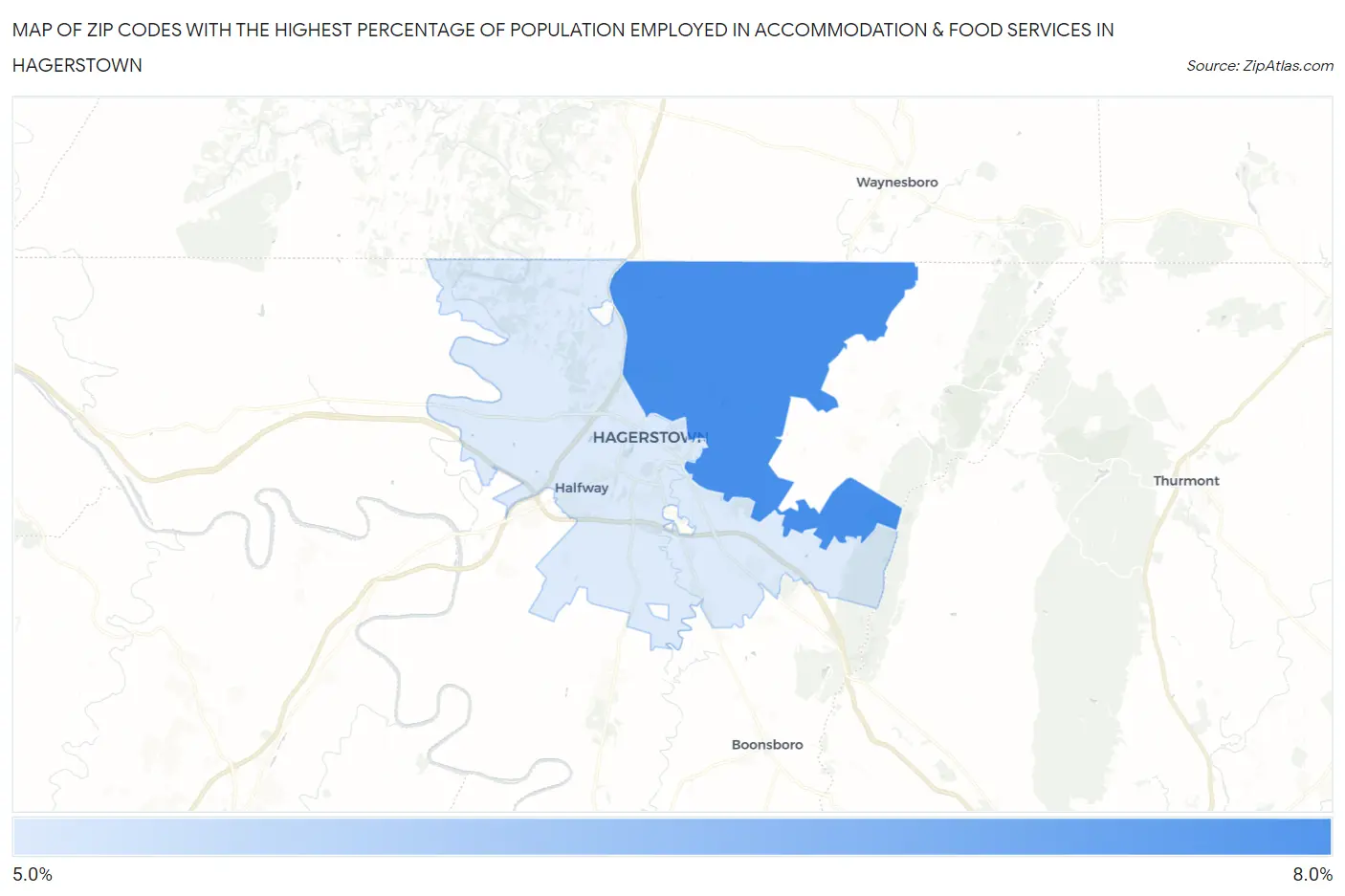 Zip Codes with the Highest Percentage of Population Employed in Accommodation & Food Services in Hagerstown Map
