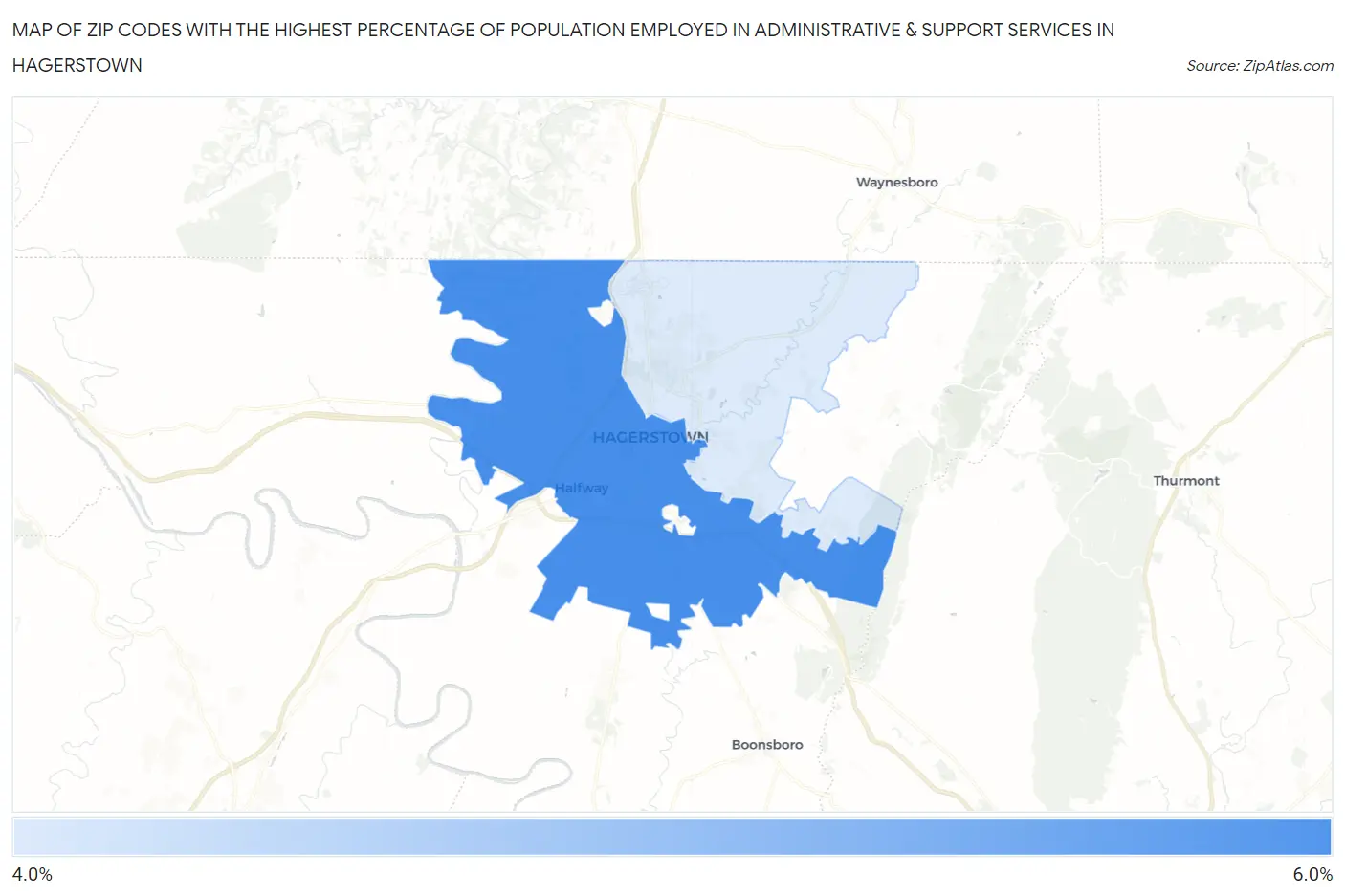 Zip Codes with the Highest Percentage of Population Employed in Administrative & Support Services in Hagerstown Map