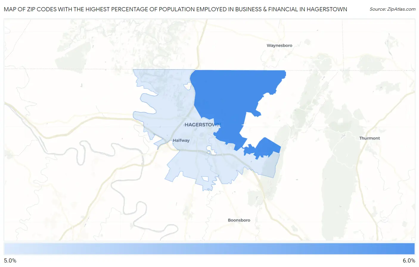 Zip Codes with the Highest Percentage of Population Employed in Business & Financial in Hagerstown Map