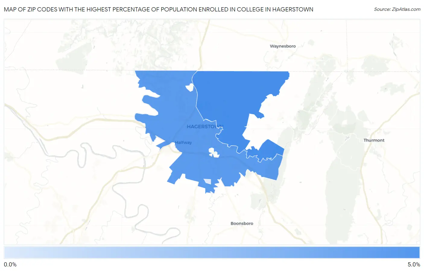 Zip Codes with the Highest Percentage of Population Enrolled in College in Hagerstown Map