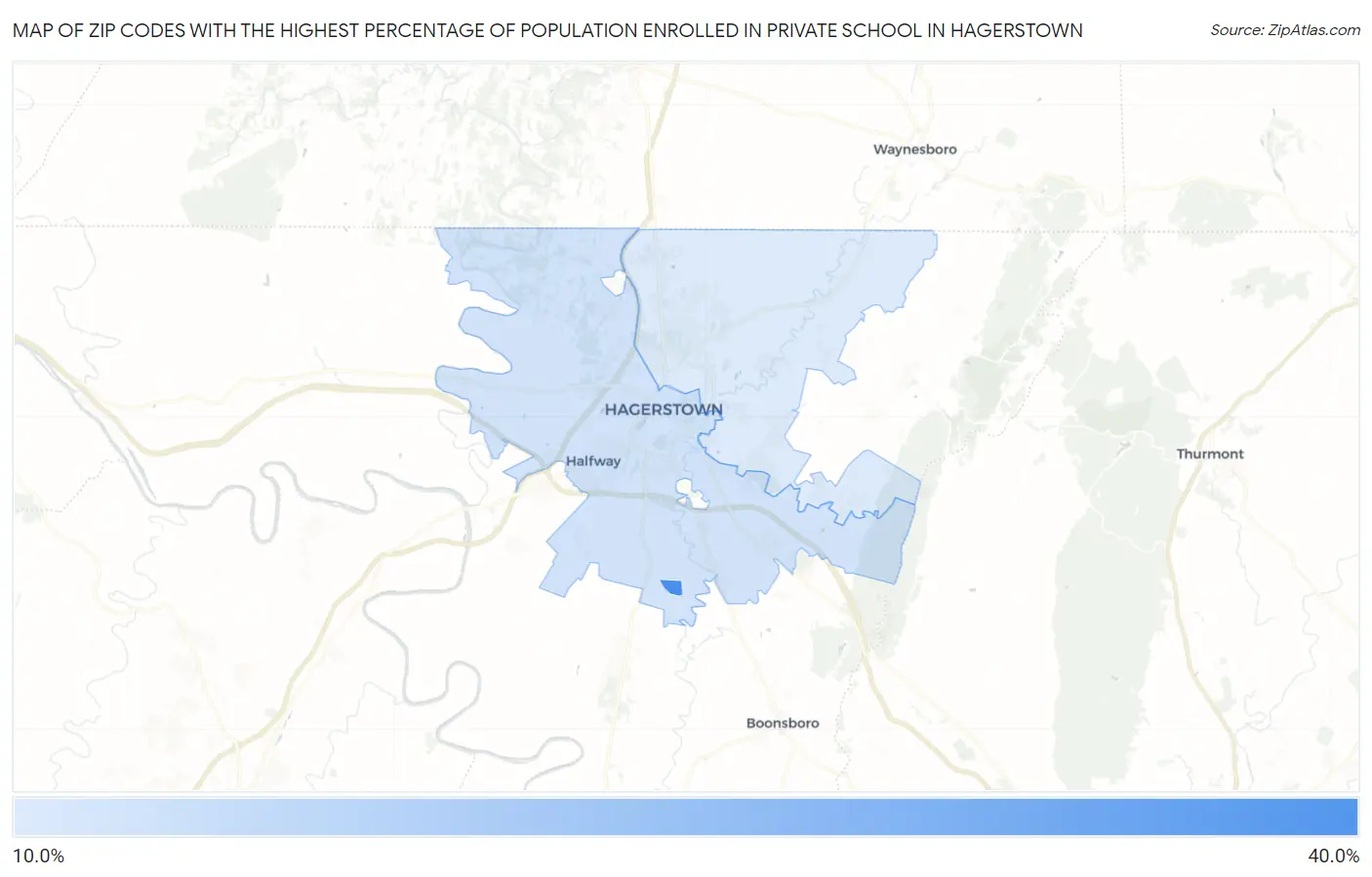 Zip Codes with the Highest Percentage of Population Enrolled in Private School in Hagerstown Map