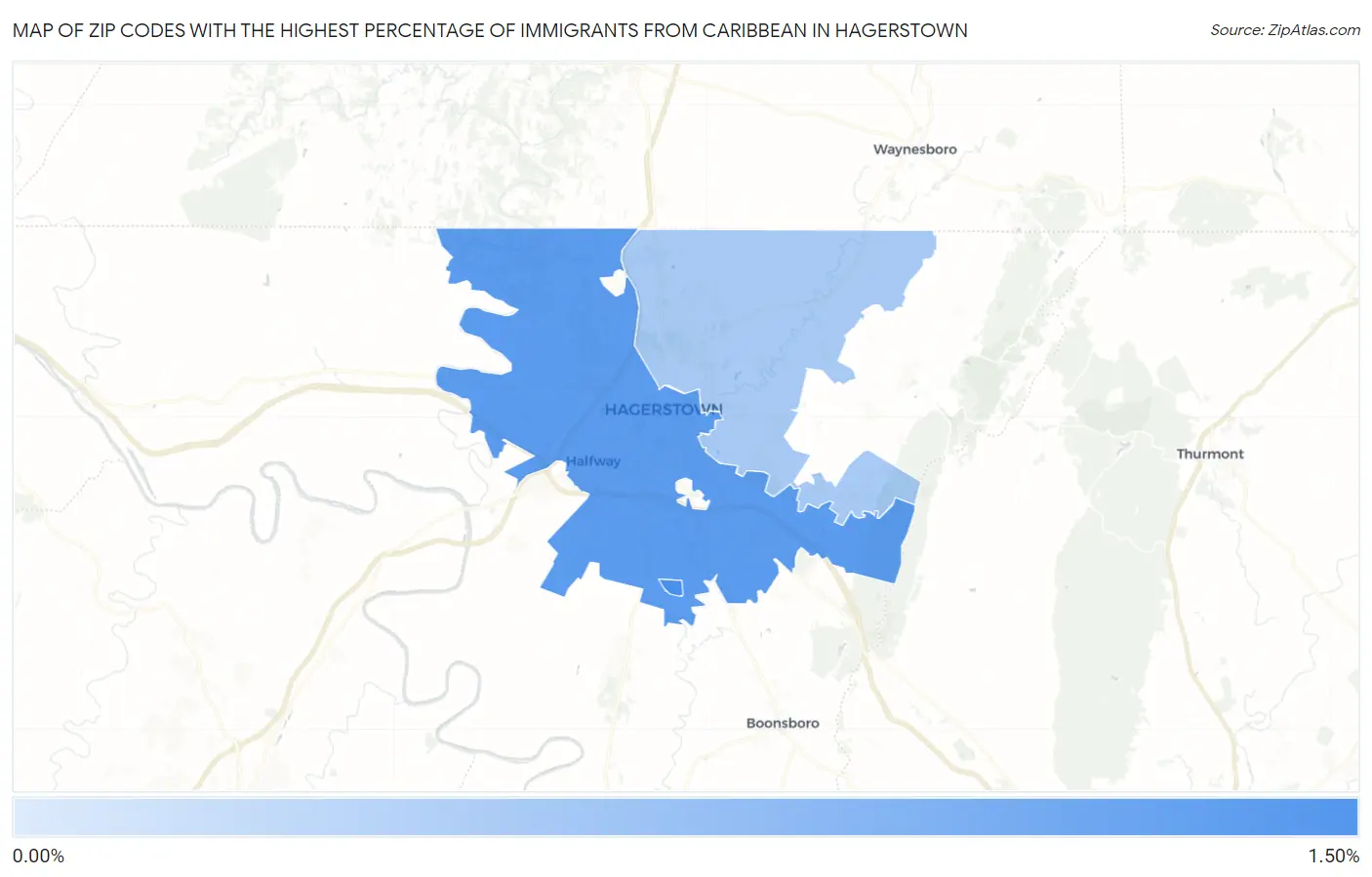 Zip Codes with the Highest Percentage of Immigrants from Caribbean in Hagerstown Map