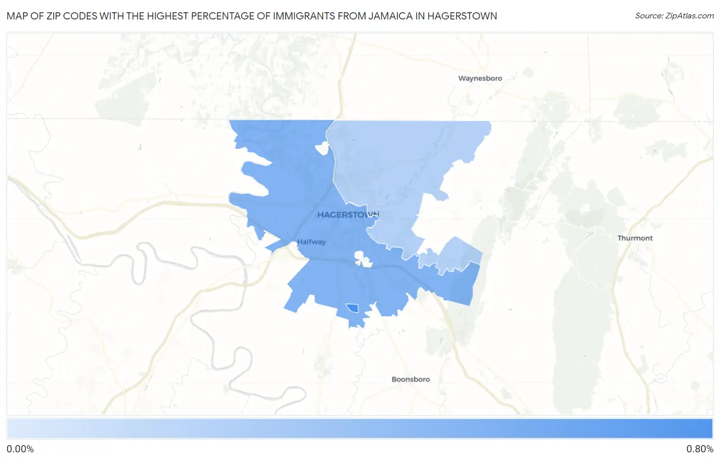 Zip Codes with the Highest Percentage of Immigrants from Jamaica in Hagerstown Map
