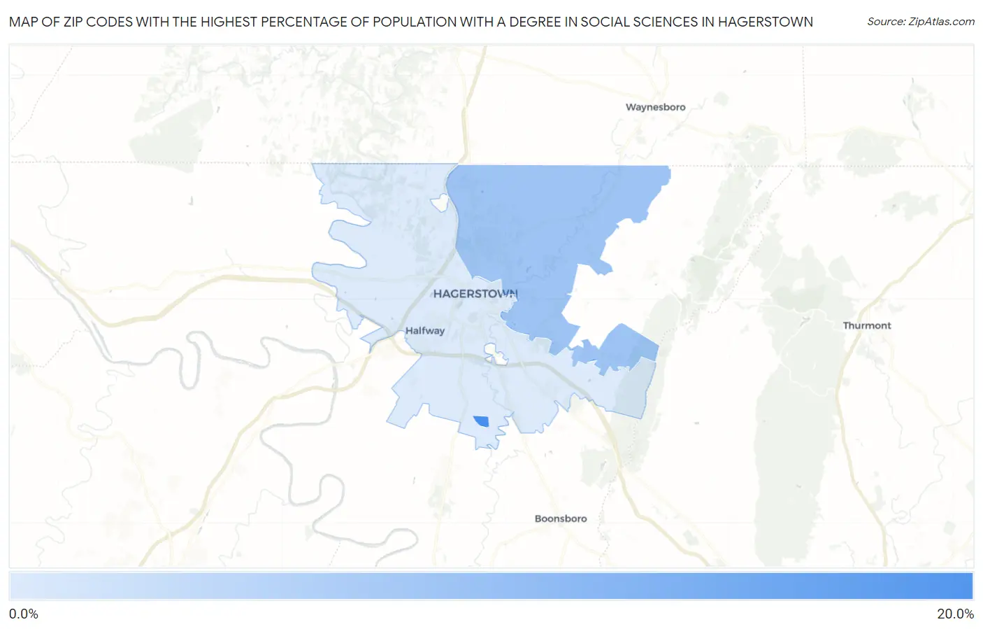 Zip Codes with the Highest Percentage of Population with a Degree in Social Sciences in Hagerstown Map