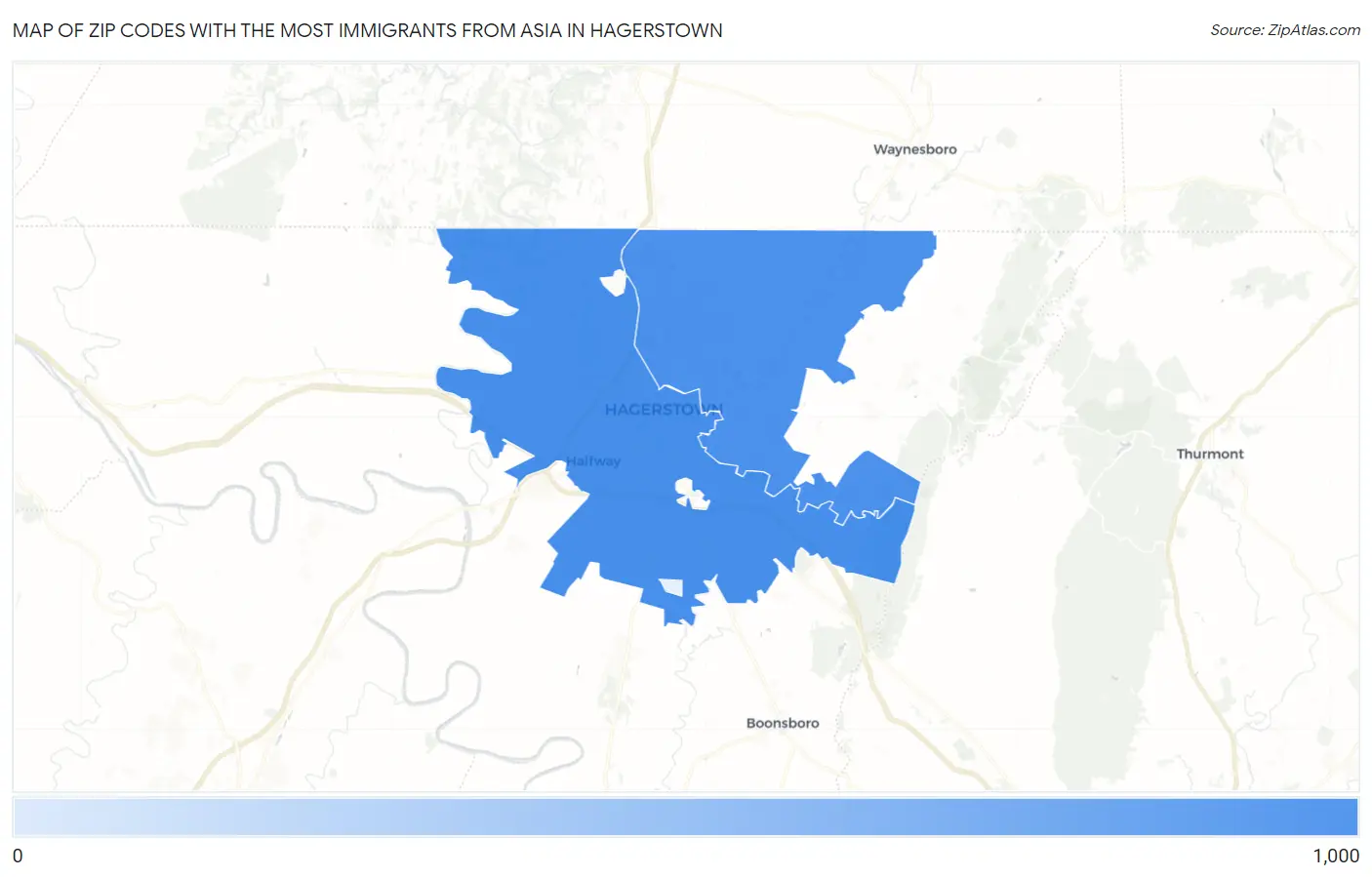 Zip Codes with the Most Immigrants from Asia in Hagerstown Map