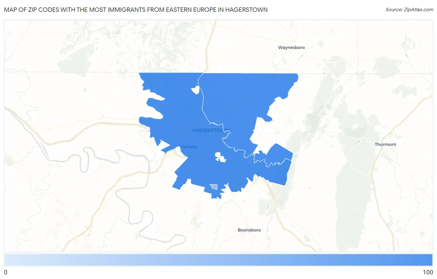 Zip Codes with the Most Immigrants from Eastern Europe in Hagerstown Map