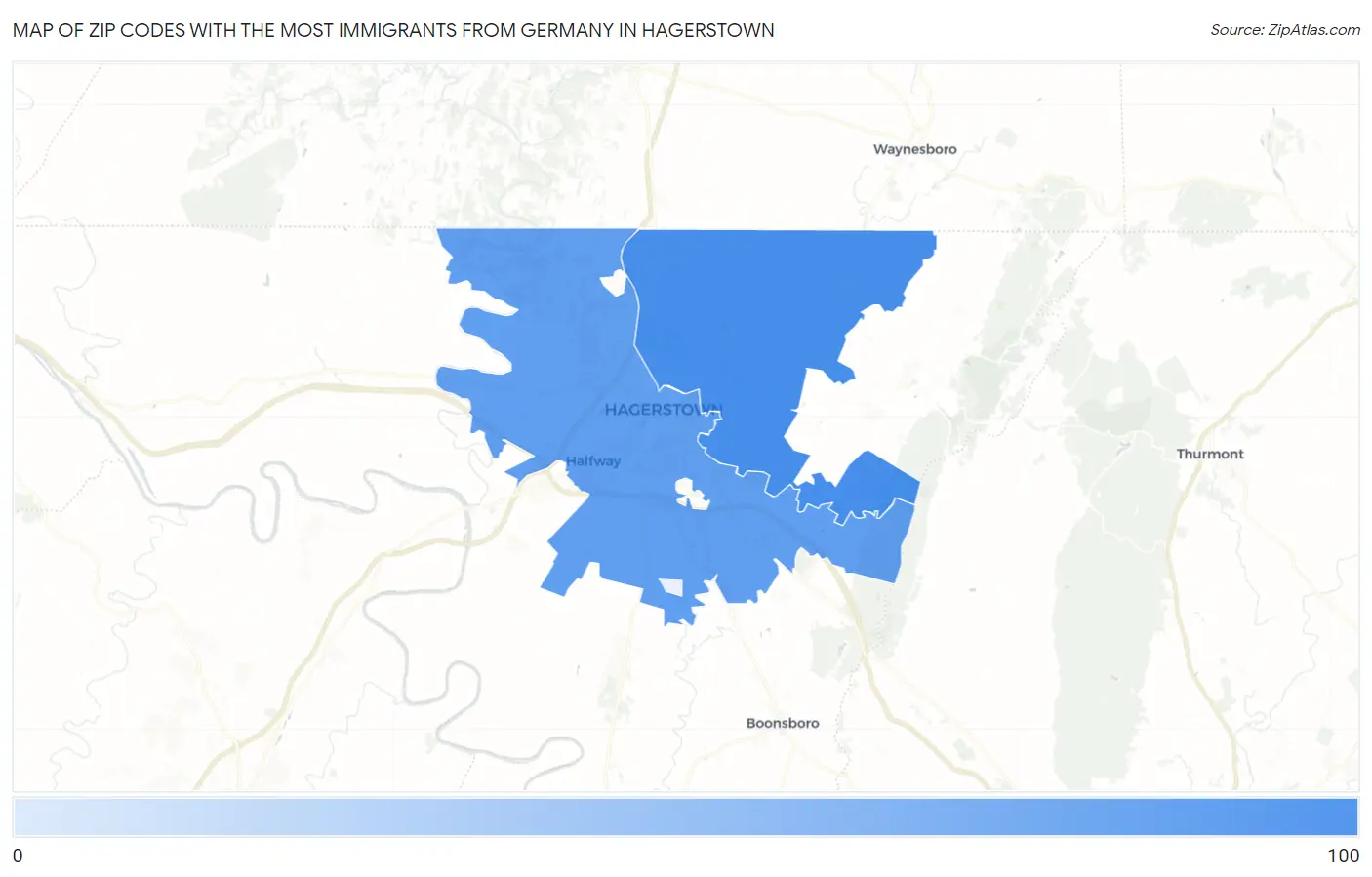 Zip Codes with the Most Immigrants from Germany in Hagerstown Map