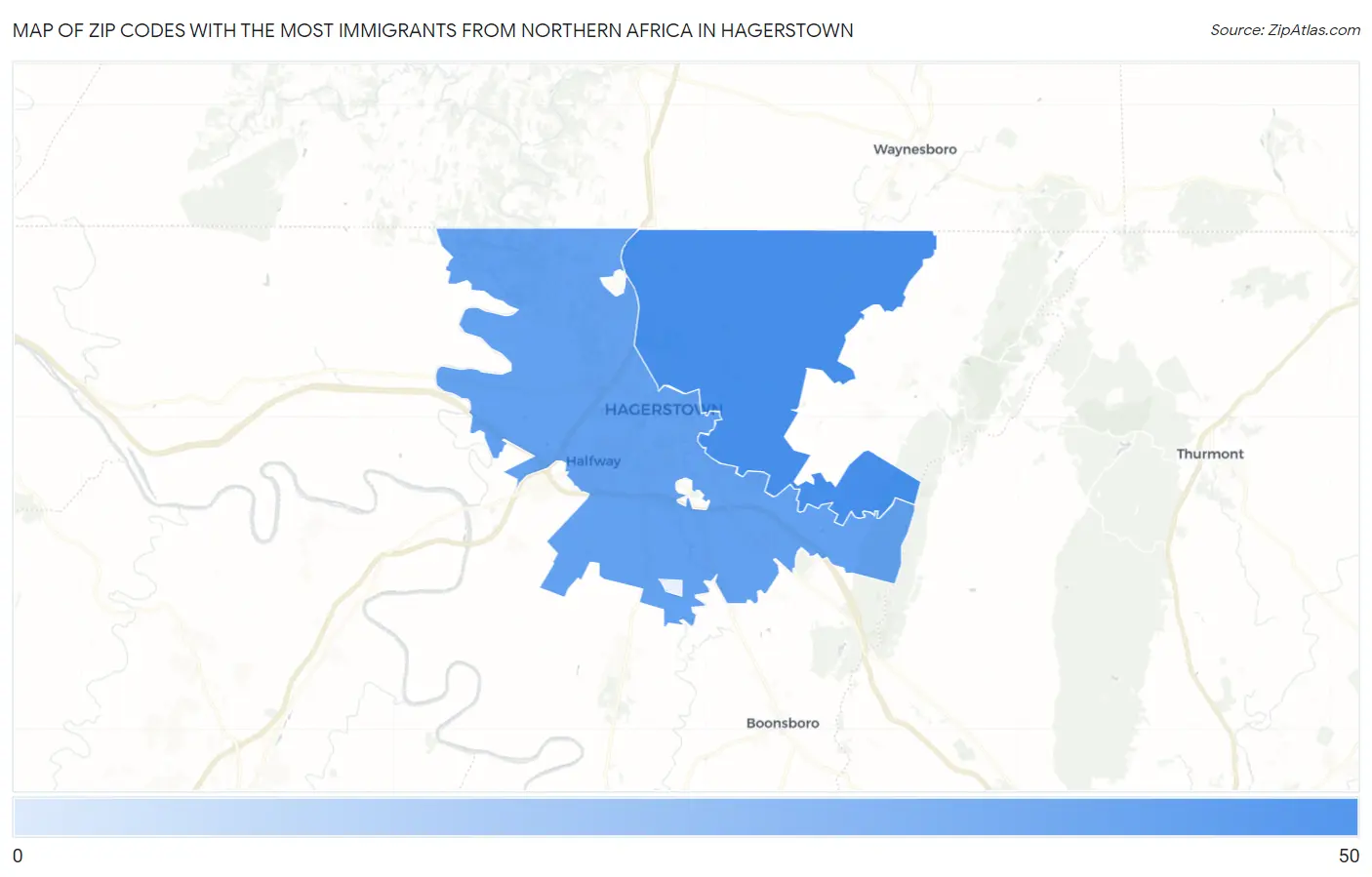 Zip Codes with the Most Immigrants from Northern Africa in Hagerstown Map