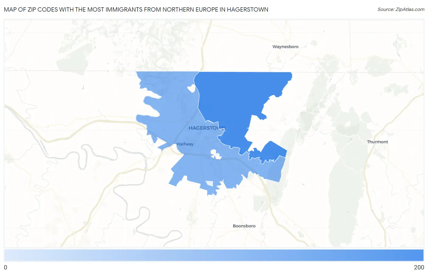 Zip Codes with the Most Immigrants from Northern Europe in Hagerstown Map