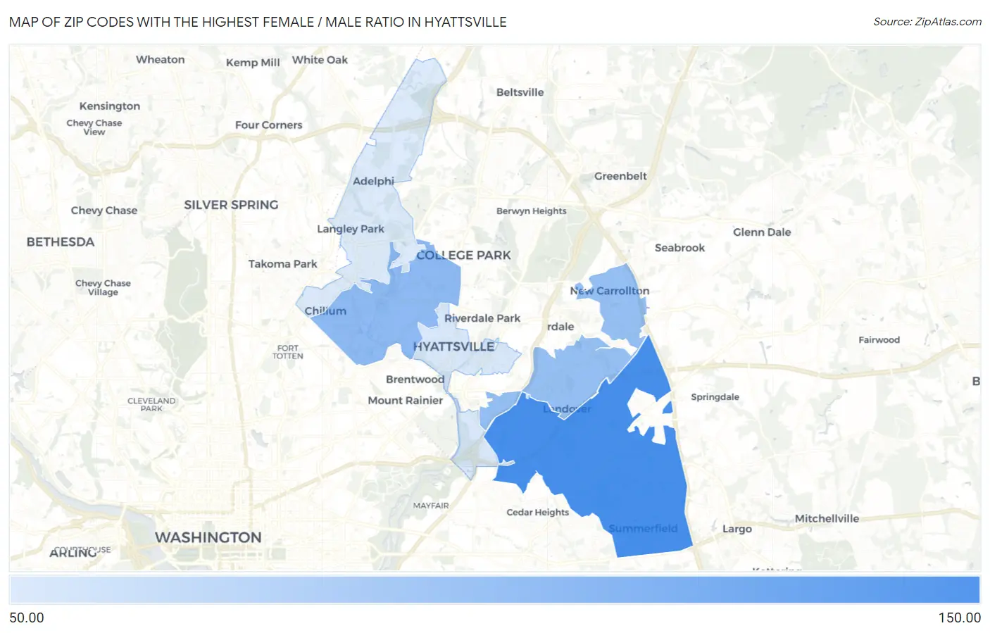 Zip Codes with the Highest Female / Male Ratio in Hyattsville Map