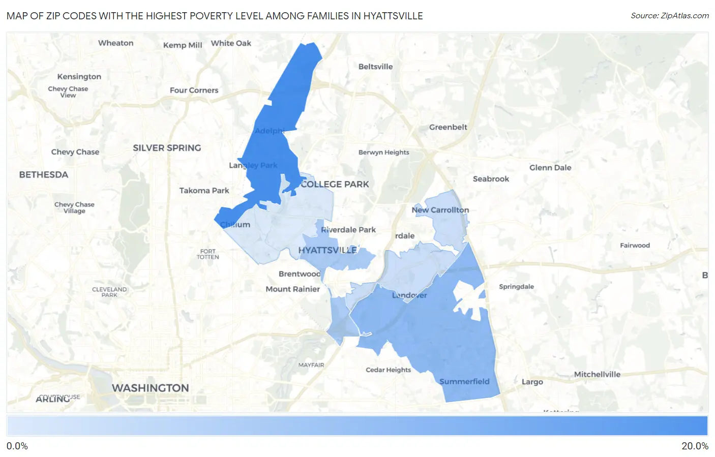 Zip Codes with the Highest Poverty Level Among Families in Hyattsville Map
