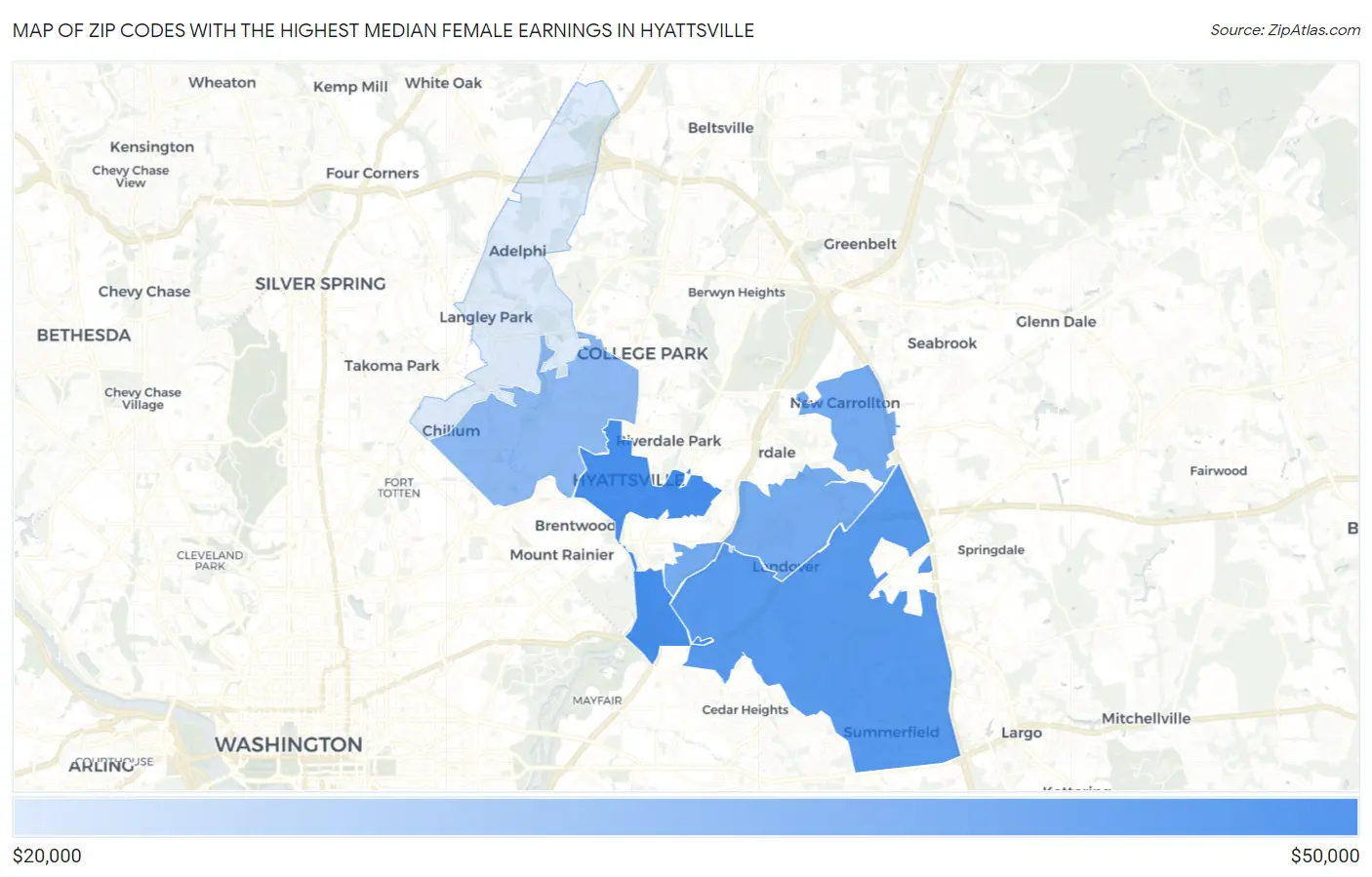 Zip Codes with the Highest Median Female Earnings in Hyattsville Map