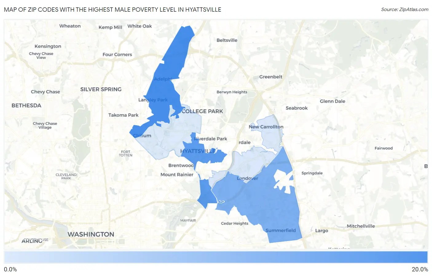 Zip Codes with the Highest Male Poverty Level in Hyattsville Map