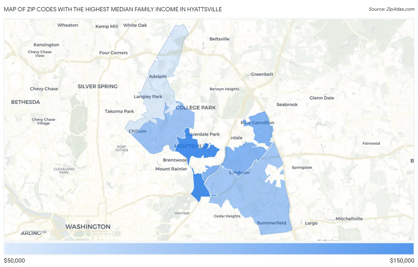 Zip Codes with the Highest Median Family Income in Hyattsville Map