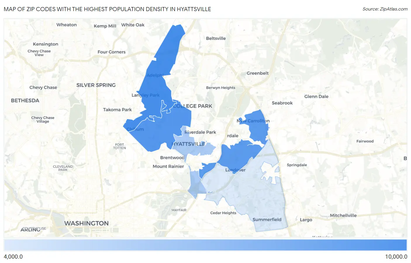 Zip Codes with the Highest Population Density in Hyattsville Map
