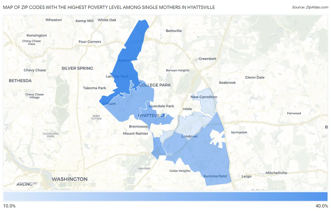 Zip Codes with the Highest Poverty Level Among Single Mothers in Hyattsville Map