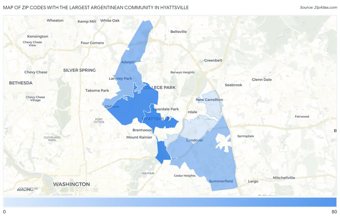 Zip Codes with the Largest Argentinean Community in Hyattsville Map