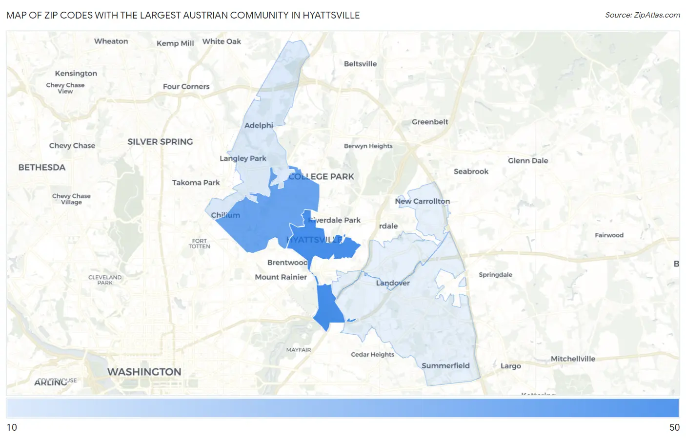 Zip Codes with the Largest Austrian Community in Hyattsville Map