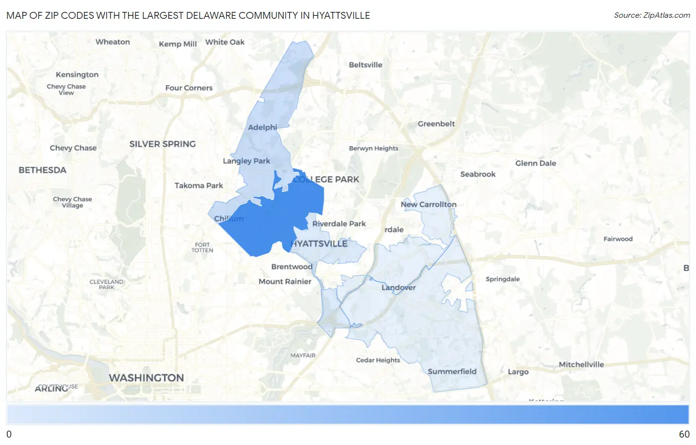 Zip Codes with the Largest Delaware Community in Hyattsville Map