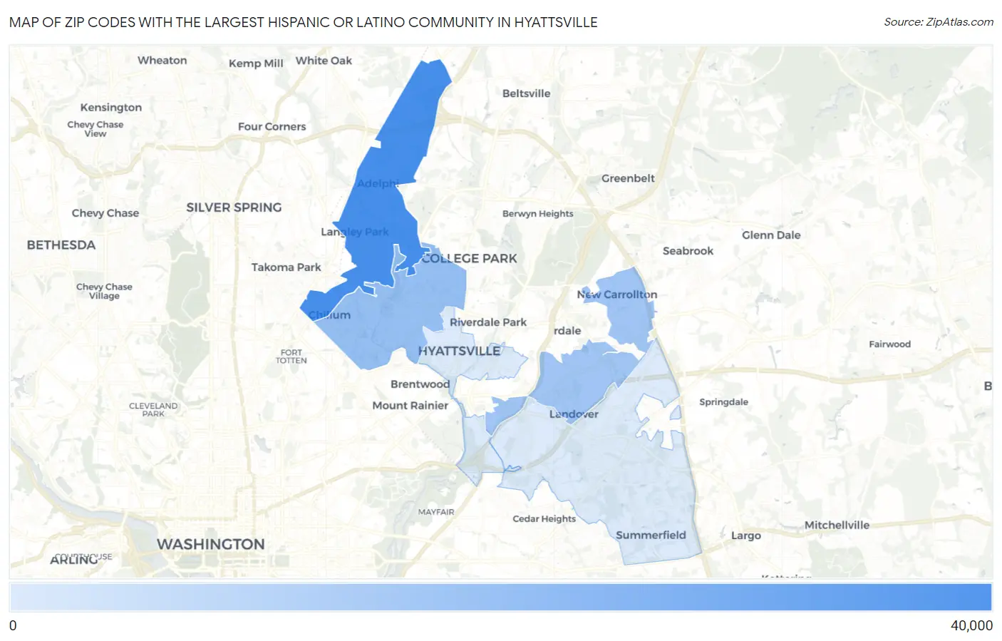 Zip Codes with the Largest Hispanic or Latino Community in Hyattsville Map