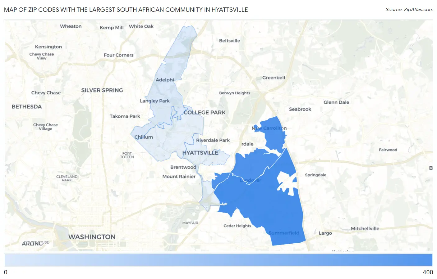 Zip Codes with the Largest South African Community in Hyattsville Map
